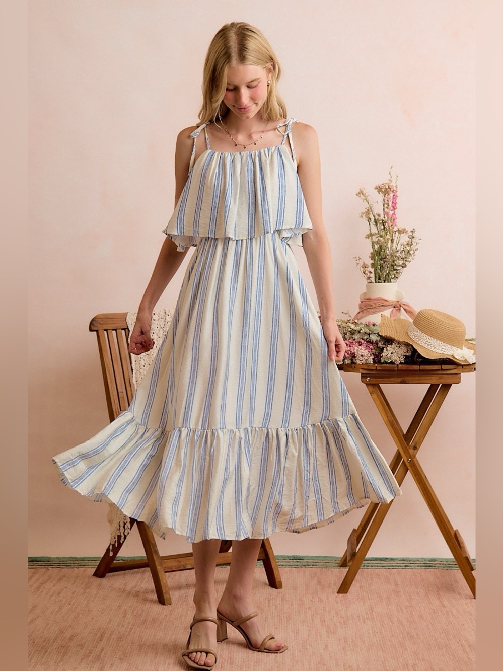 SO ME Stripe Tiered Shoulder Tie Midi Lined Dress - Picture 9 of 15